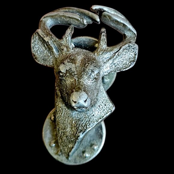 VTG Fine Pewter Whitetail Deer Hat Lapel Brooch Pin by GG Harris 80s 3D Buck - Picture 1 of 9